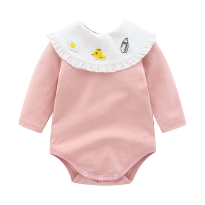 Baby Girl 1pcs Cartoon Embroidered Pattern Ruffle Neck Long Sleeved Triangle Bodysuit My Kids-USA