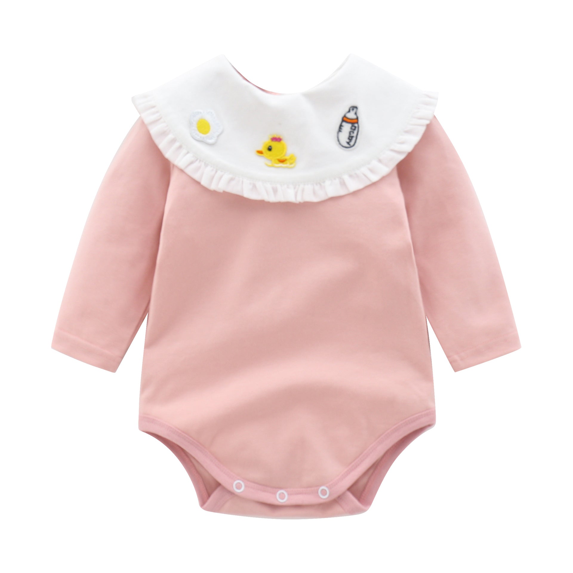 Baby Girl 1pcs Cartoon Embroidered Pattern Ruffle Neck Long Sleeved Triangle Bodysuit My Kids-USA