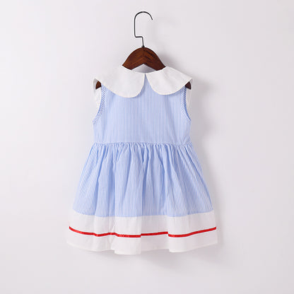 Baby Girl Cherry Embroidery Pattern Color Blocking Lapel Design Sleeveless Dress