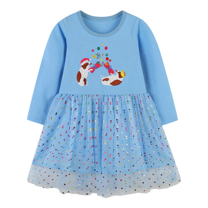 Baby Girl Cartoon Patch Pattern Mesh Overlay Design Long Sleeve Dress My Kids-USA
