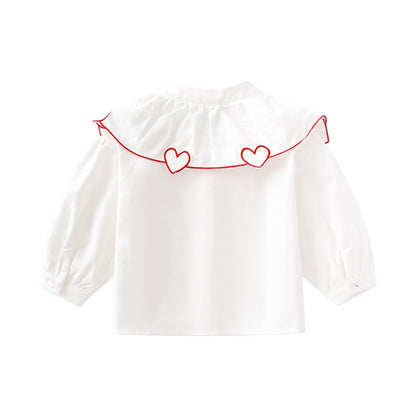 Baby Girl 1pcs Heart Neck Crystal Button Front Design Solid Cotton Shirt