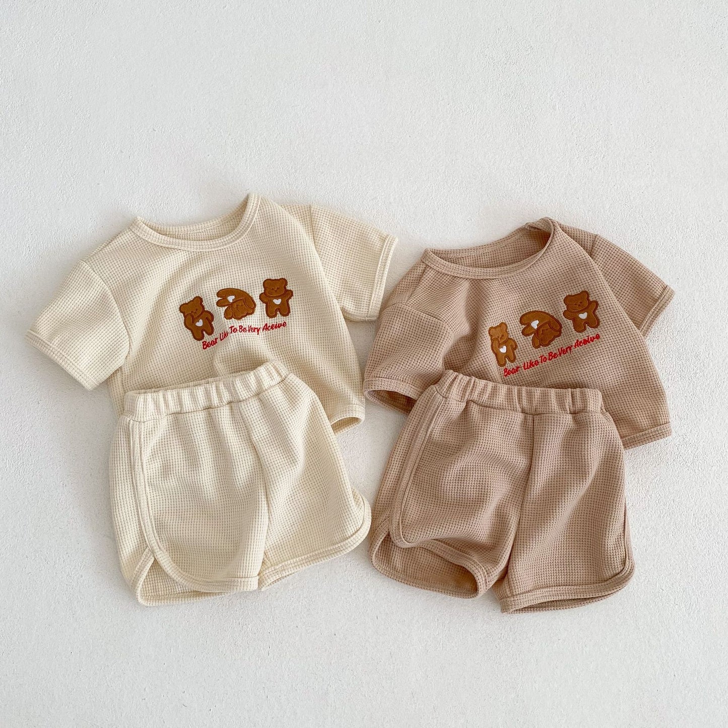 Baby Bear Embroidered Pattern Waffle Fabric T-Shirt Combo Shorts Sets
