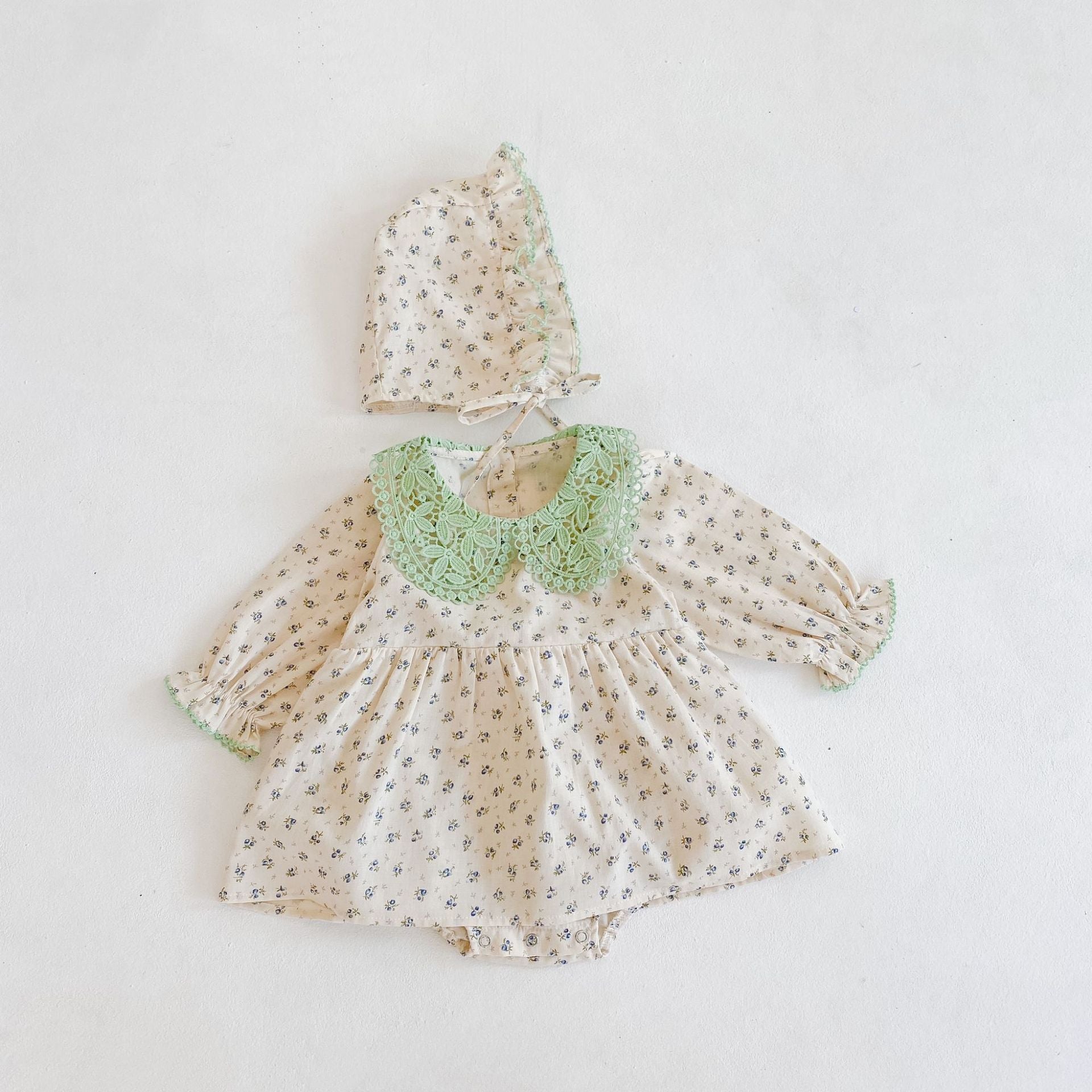 Baby Girl Floral Pattern Mesh Collar Design Long Sleeves Flesh Bodysuit Onesies & Hat My Kids-USA
