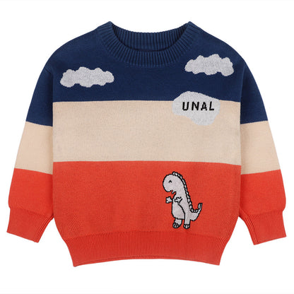 Baby Boy Little Dinosaur Graphic Colorblock Design Long Sleeves Knit Sweater My Kids-USA