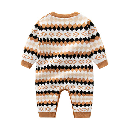 Baby Geometric Embroidered Pattern Long Sleeve Knitted Romper Jumpsuit