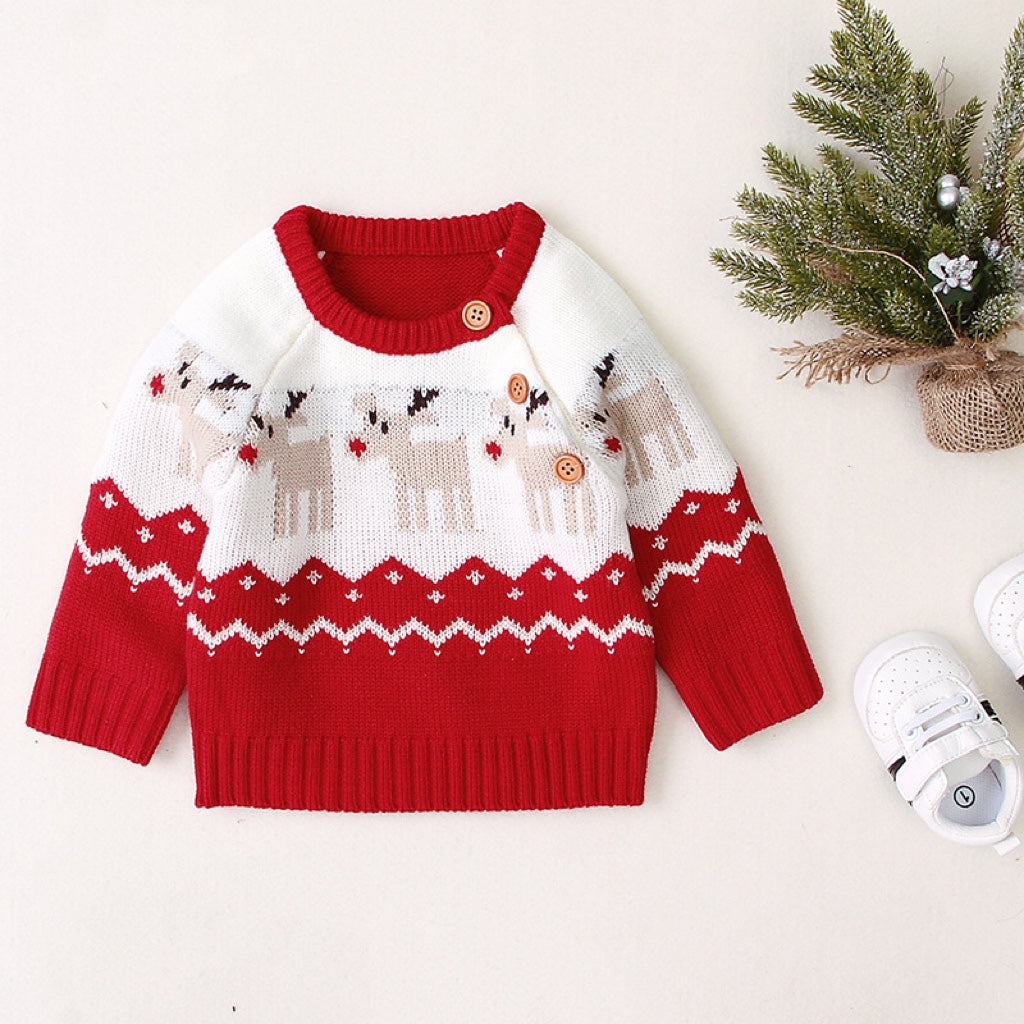 Baby Cartoon Christmas Deer Pattern Shoulder Button Design Knitted Pullover Sweater My Kids-USA