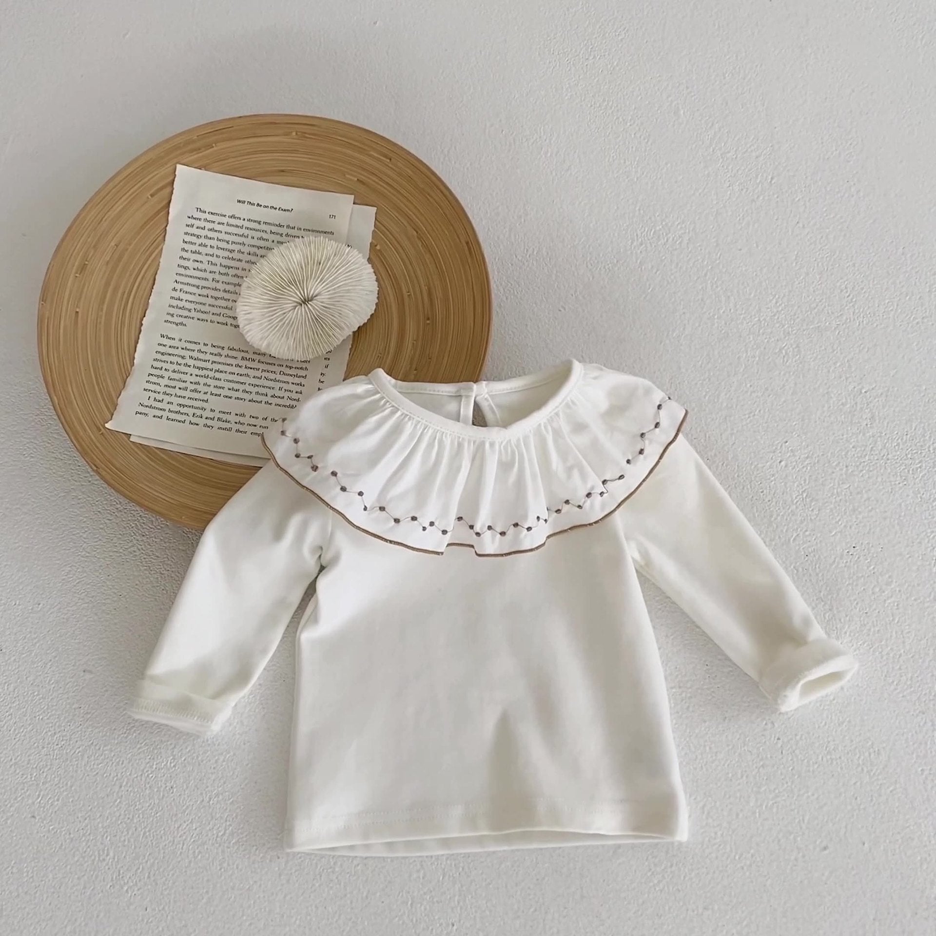 Baby Girl Solid Color Embroidered Ruffle Neck Cotton Shirt My Kids-USA