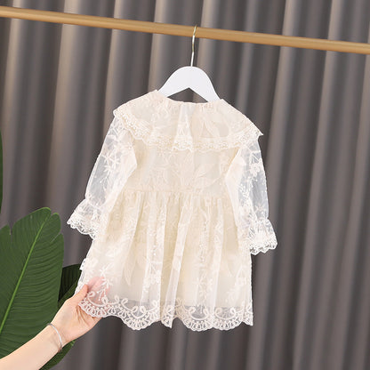 Baby Girls Solid Color Mesh Overlay Design Doll Neck Princess Long Sleeves Dress My Kids-USA