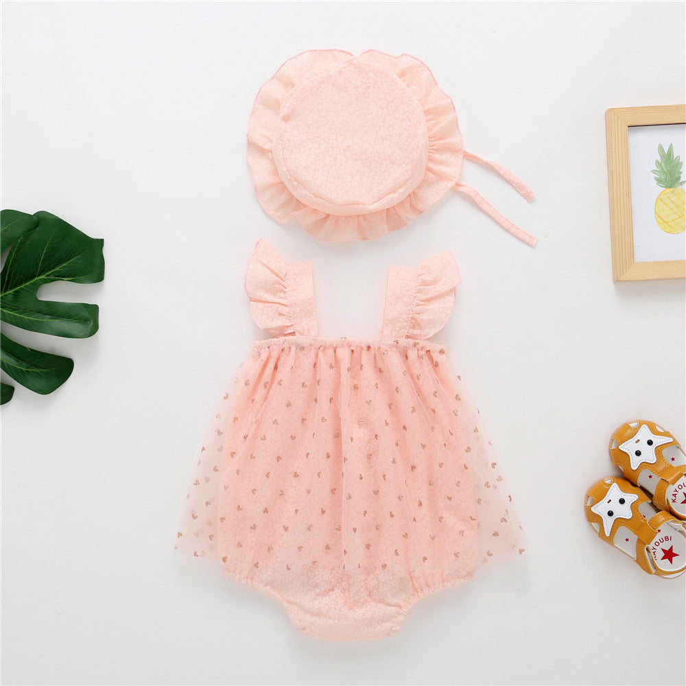 Baby Girl 1pcs Solid Color Heart Graphic Mesh Overlay Sleeveless Dress & Hat My Kids-USA