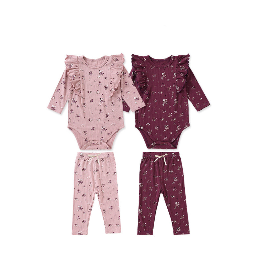 Baby Girl Ditsy Flower Pattern Ruffle Design Onesies With Pants Sets My Kids-USA