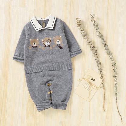 Baby Cartoon Bear Pattern Lapel Design Knitted Romper, MyKids-USA®, Baby One-Pieces, MyKids-USA - Size/Age - 59 (0-3M) - Color - Grey -  -  - JM2210172324-B