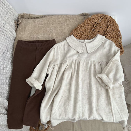 Robe de style vintage à manches longues et col de poupée de couleur unie pour bébé 