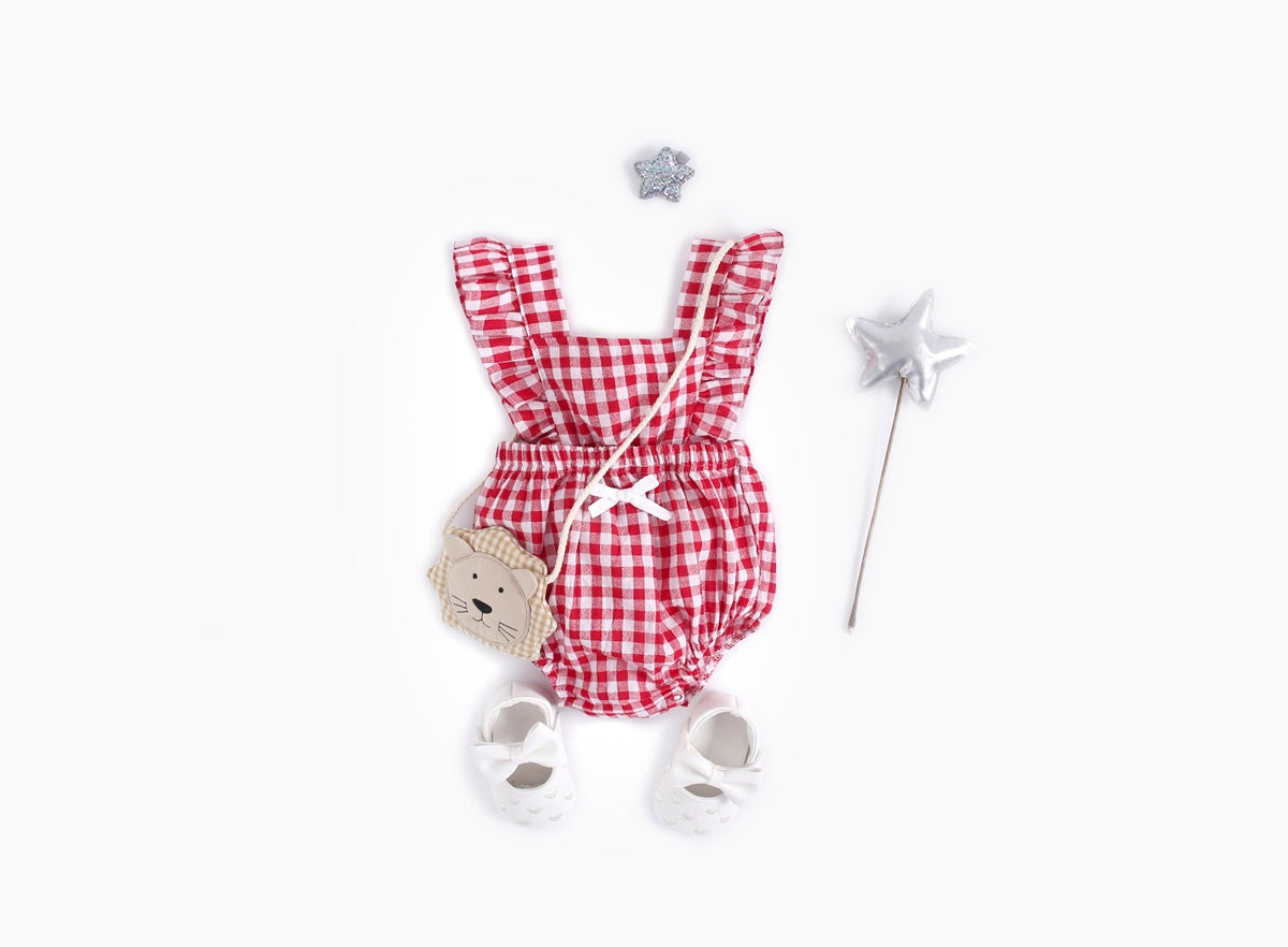 Baby Girl Doll Neck Solid Shirt & Red Plaid Graphic Bow Patched Bodysuit 1 Pieces Sets My Kids-USA