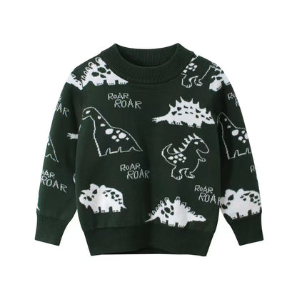 Baby Boy Cartoon Dinosaur Pattern O-Neck Pullover Knitwear Sweater My Kids-USA