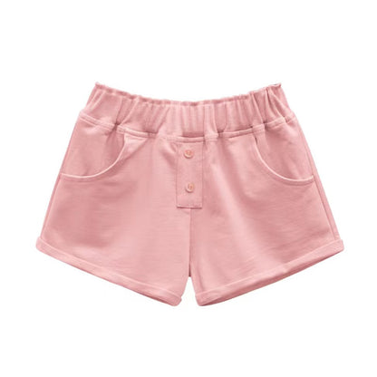 Baby Girl Solid Color Button Design Flap Short Pants With Pockets