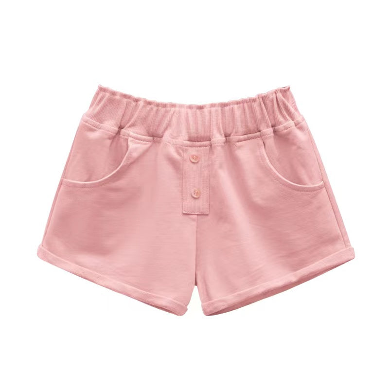 Baby Girl Solid Color Button Design Flap Short Pants With Pockets, MyKids-USA®, Baby & Toddler Bottoms, MyKids-USA - Size/Age - 90 (12-24M) - Color - Pink -  -  - JM2204051409-B