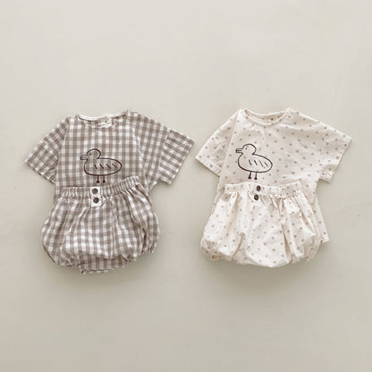 Baby Girl Plaid Polka Dot Pattern Duckling Print Short Sleeved Top Combo Pants Sets My Kids-USA