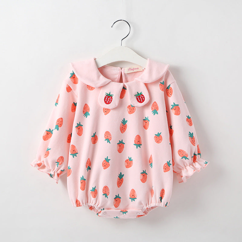 Baby Girl 1pcs All Over Strawberries Graphic Lapel Design Puff Sleeves Bodysuit My Kids-USA