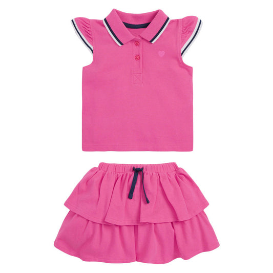 Baby Girl Heart Embroidered Pattern Polo-Neck Shirt And Layered Solid Short Skirt Sets My Kids-USA