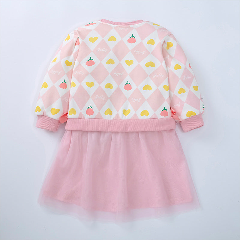 Baby Girl Fruit Pattern Mesh Patched Design Long Sleeve Sweet Fleece Dress My Kids-USA