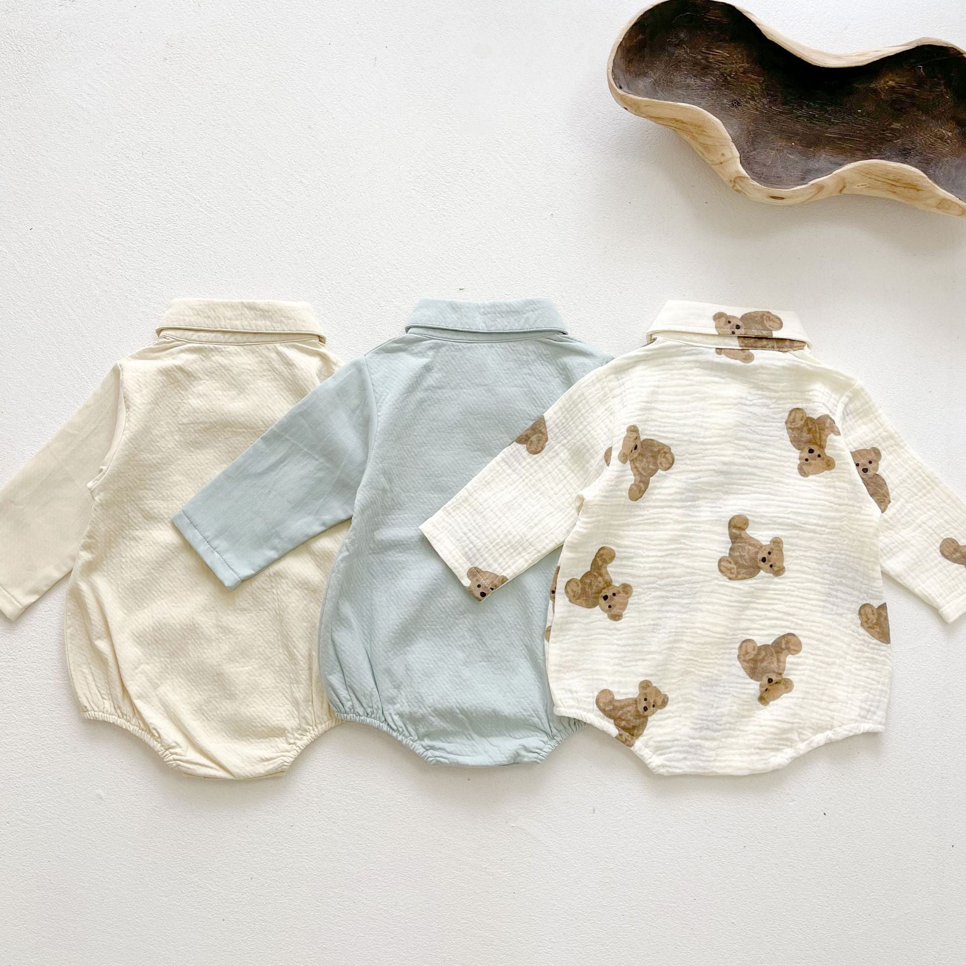 Baby Boy Solid Color & Bear Print Shirt Single Breasted Design Polo-Neck Onesies With Bow Tie My Kids-USA