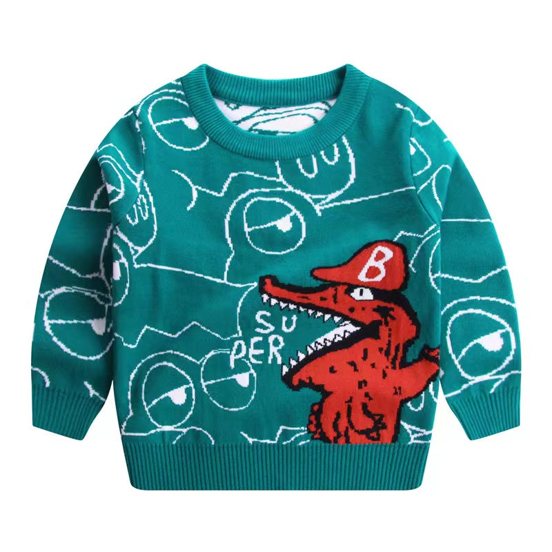 Baby Boy 1pcs Cartoon Dinosaur Embroidered Pattern Fleece Warm Sweater My Kids-USA
