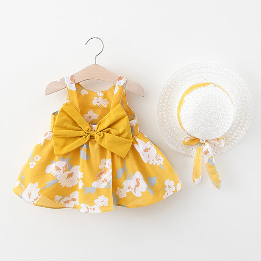 Baby Flower Pattern Bow Patched Design Sling Dress In Summer With Hat