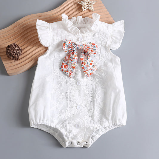 Baby Girl Embroidery Pattern Round Neck Mullet Design Sleeveless Cardigan Onesies With Bow Decorations My Kids-USA