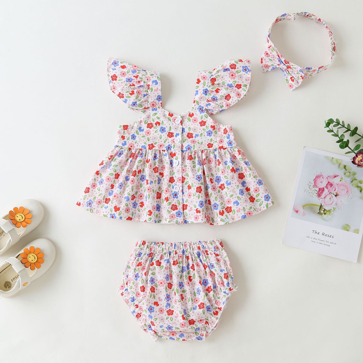 Baby Girl Little Floral Print Sleeveless Dress Combo Short Pants In Sets My Kids-USA