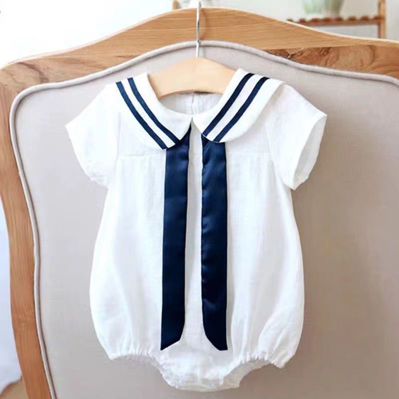 Baby Girl Solid Color Neck Striped Pattern Japan Style Navy Onesies With Bow Tie