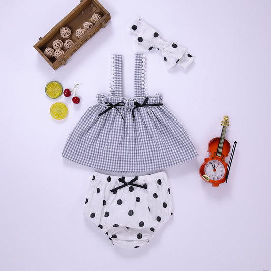 Baby Girl Plaid Pattern Sling Tops Combo Polka Dot Shorts With Handband Sets