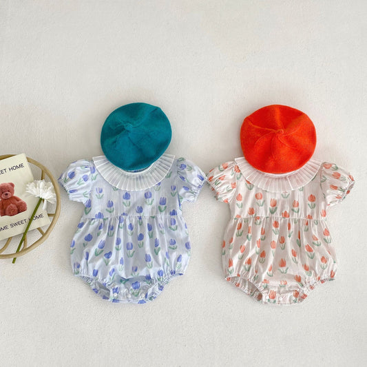 Baby Girl Floral Pattern Doll Neck Onesies In Summer