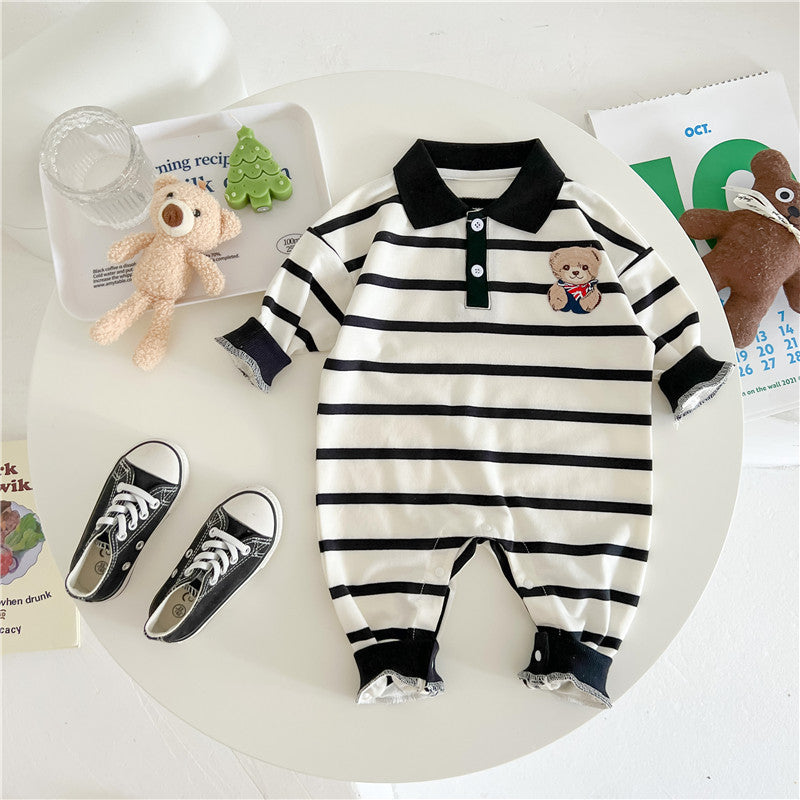 Baby Cartoon Bear Print & Striped Pattern Polo Neck Long Sleeve Romper My Kids-USA