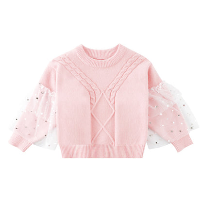 Baby Girl Conchet Knit Pattern Mesh Puff Sleeves Knit Sweater My Kids-USA