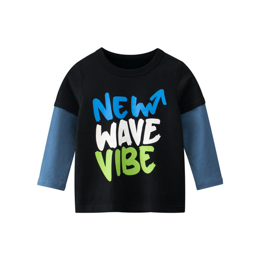 Boys New Wave Vibe Print Long-Sleeved Round Collar T-Shirt In Spring