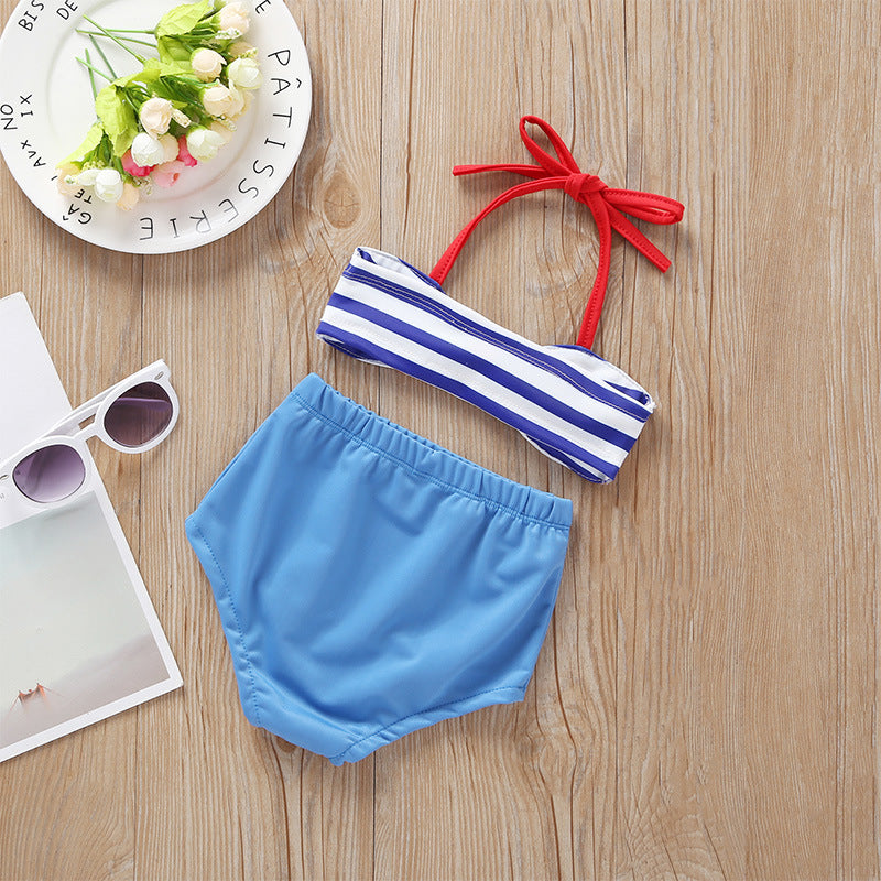 Baby Girl Striped Pattern Bow Tie Design Belted Tops Combo Shorts Swimwear My Kids-USA