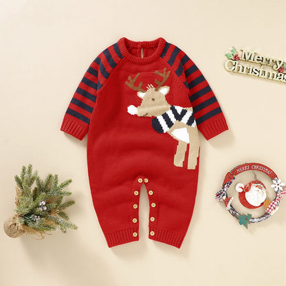 Baby Cartoon Elk Graphic Side Striped Sleeve Knitted Romper My Kids-USA