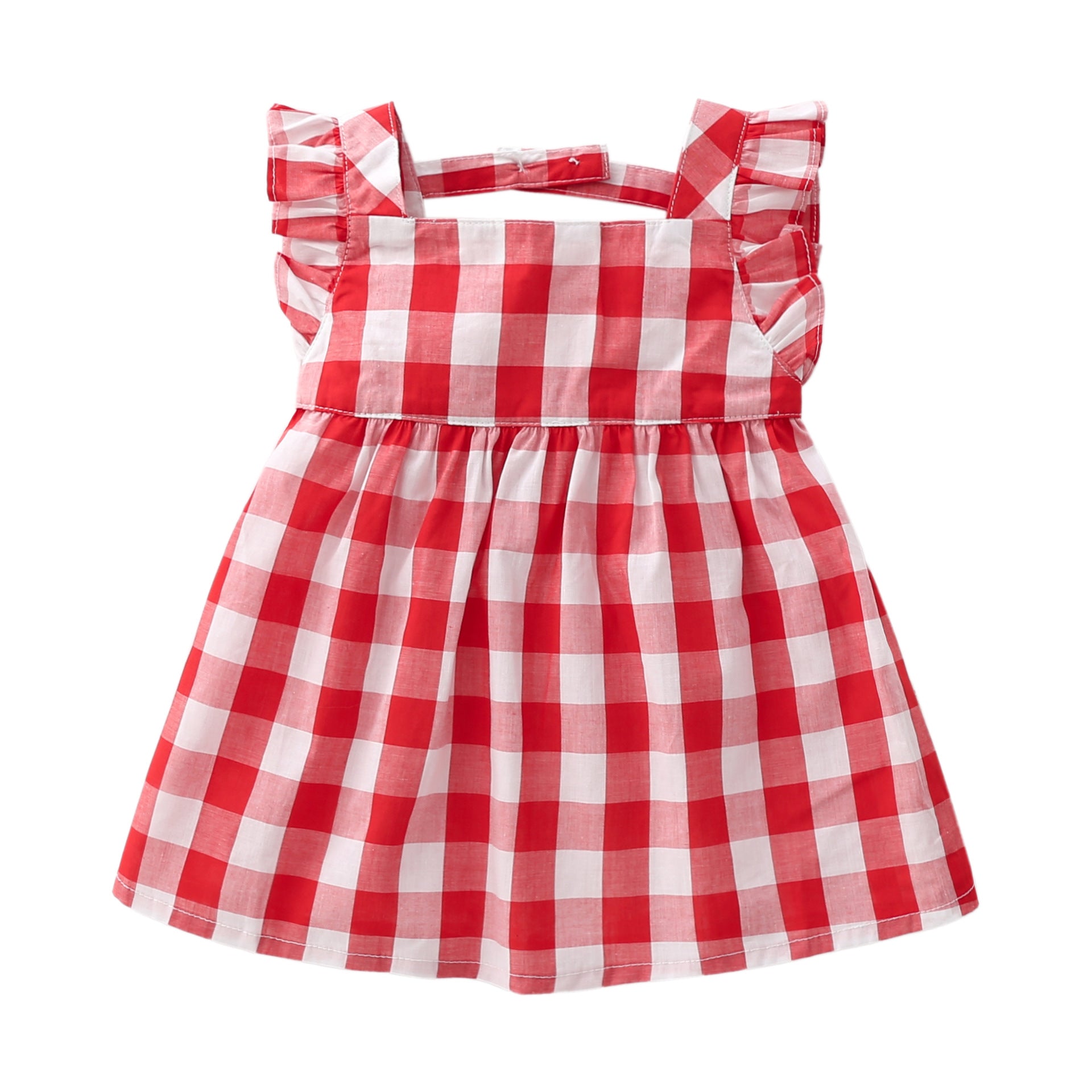 Baby Girls Plaid Print Lace Design Square Collar Sleeveless Dress With Bow Hat In Summer My Kids-USA