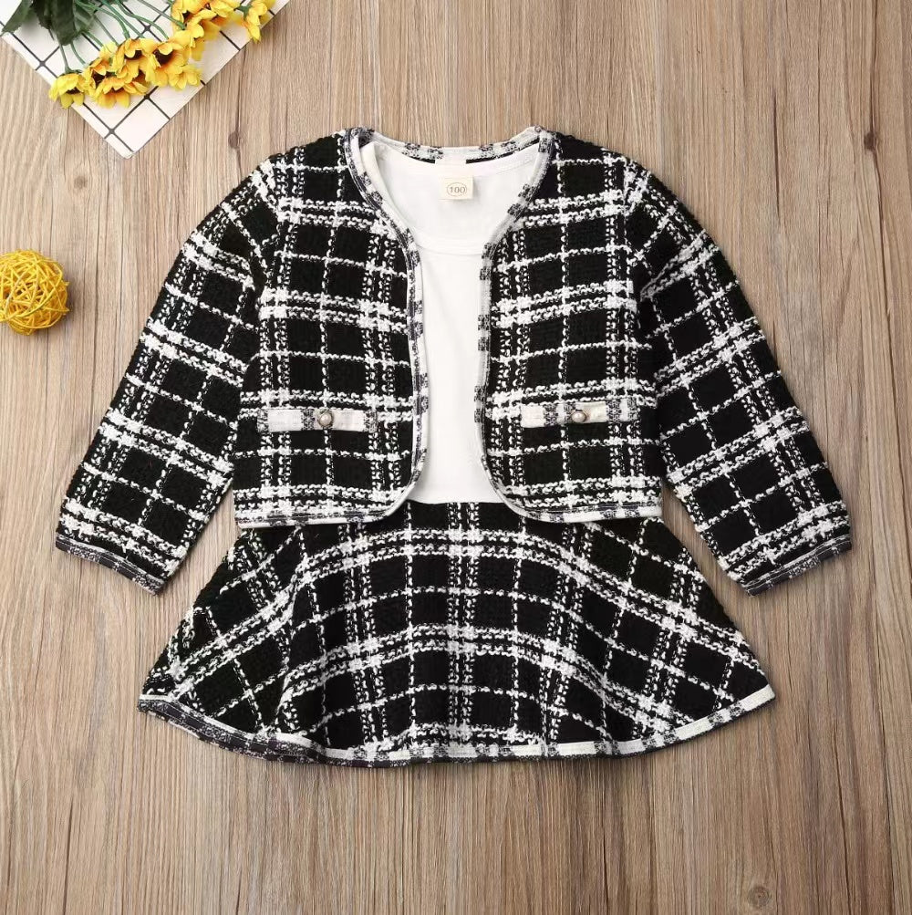 Baby Girl Contrast Design Long Sleeved Dress Combo Plaid Pattern Coat Chanel’s Sets My Kids-USA