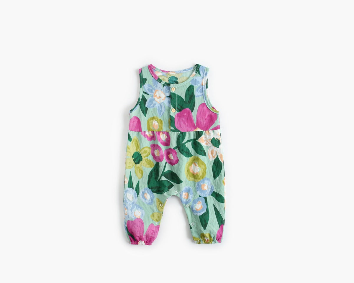 Baby Girl Floral Print Pattern Buttoned Design Sleeveless Rompers My Kids-USA