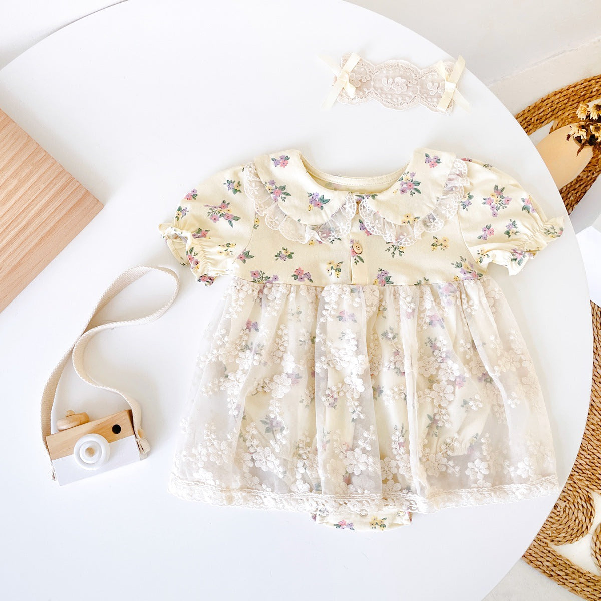 Baby Girls Floral Print Embroidered Lace Patchwork Design Doll-Neck Onesies Dress My Kids-USA