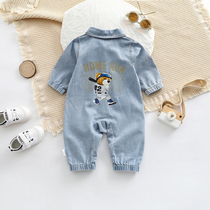 Baby Boy Bear Print Pattern Full Button Design Denim Romper My Kids-USA