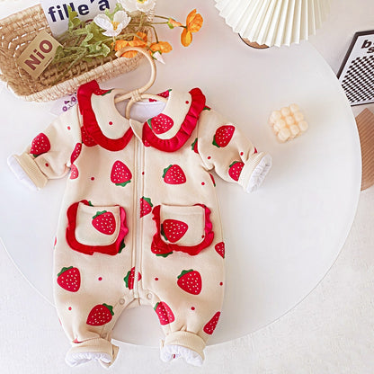 Baby Girl Strawberries Print Zipper Front Design Lace Patchwork Warm Quilted Romper My Kids-USA