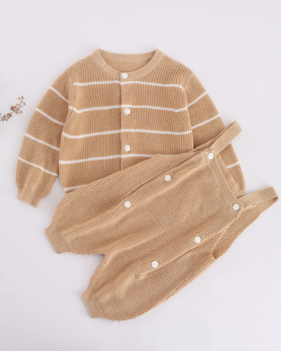 Baby Solid Color Knit Romper Combo Striped Graphic Cardigan Sets