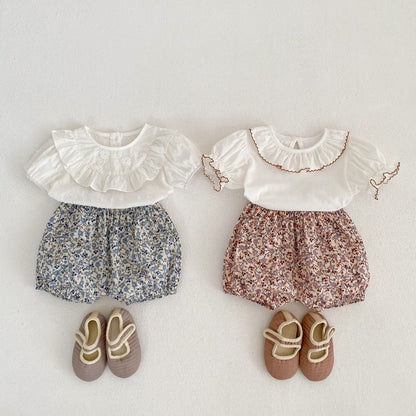 Baby Solid Color Puff Sleeve Blouses Combo Shorts Sets