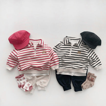 Baby Cute Bear Embroidered & Striped Pattern Polo Neck Cotton Hoodies My Kids-USA