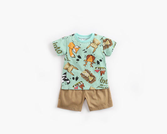 Baby Boy Animal Print Short-Sleeved Top Combo Solid Color Shorts Sets In Summer