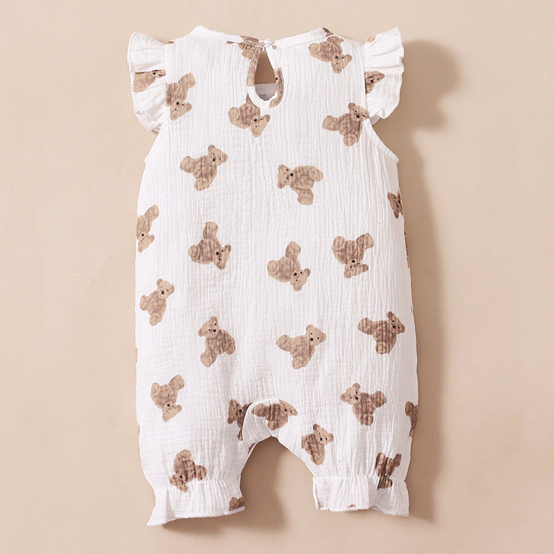 Baby Girls Bear Print Pattern Round Collar Fly Sleeve And Sleeveless Rompers In Summer My Kids-USA