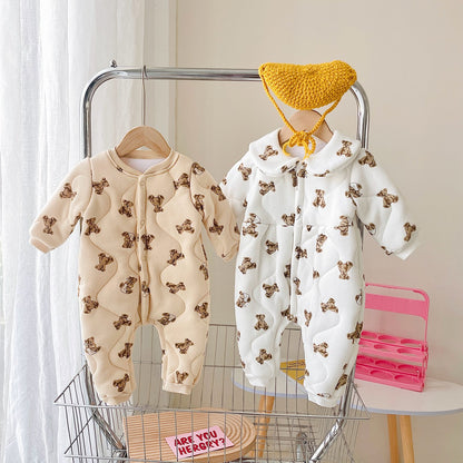 Baby Cartoon Bear Print Pattern Thickened Quilted Winter Rompers My Kids-USA