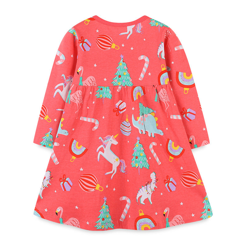 Baby Girl Cartoon Print Pattern Western Style Loose Christmas Dress My Kids-USA